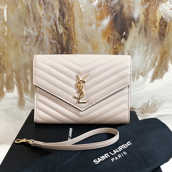 Saint Laurent Cassandre Matelasse Flap Pouch Wristlet - Beige - Picture 1 of 10